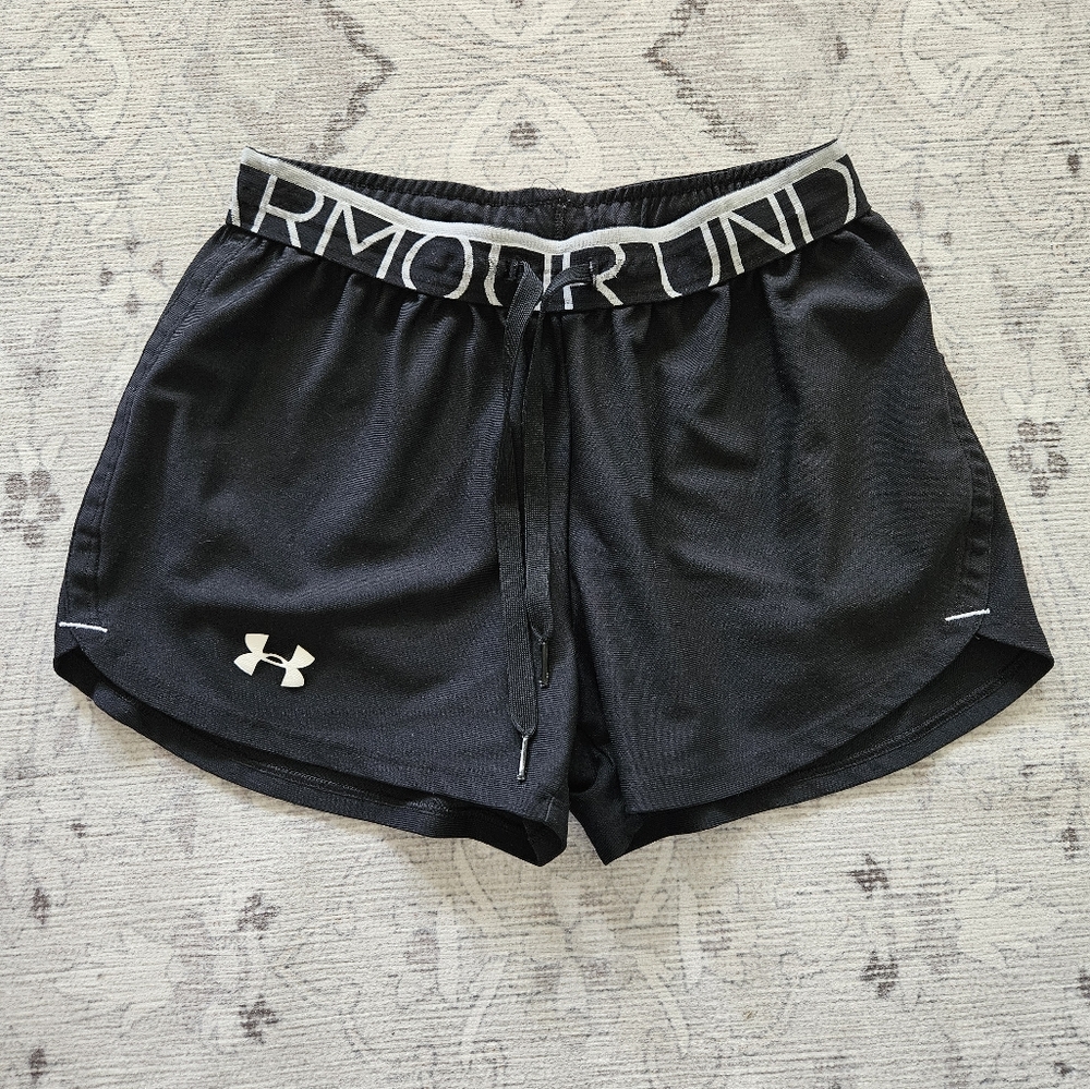Women's size extra small under armour play up shorts black white mesh.